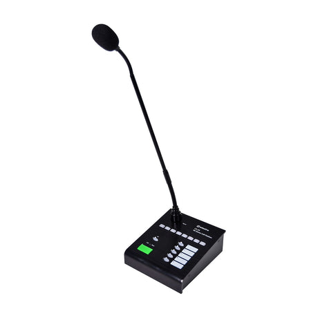 Adastra CS-5X paging call station with black gooseneck microphone, zone buttons, green Page button, and control panel, shown on a white background.
