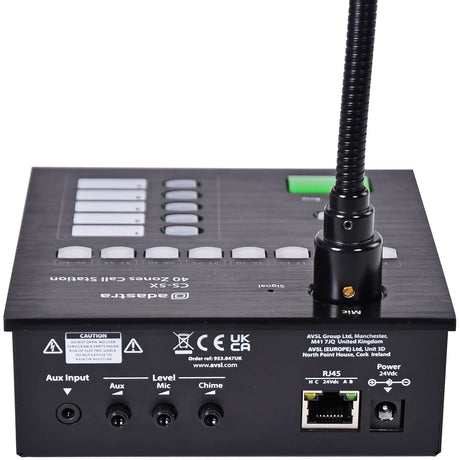 Adastra CS-5X paging call station in black with gooseneck microphone, zone select buttons, RJ45 and power ports, shown on a white background.