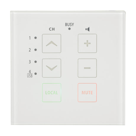Adastra TR86 white touch wall plate remote with CH and volume buttons, Local and Mute controls, and channel and busy indicator lights.