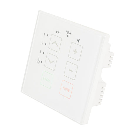 Adastra TR86 white touch wall plate remote with CH, volume, local, and mute buttons on a plain background.