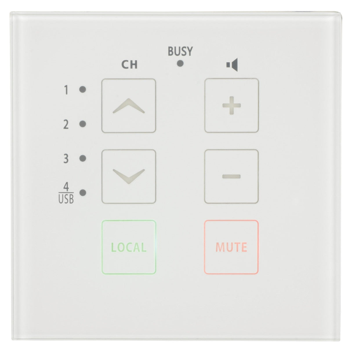 The Adastra TR86 Touch Wall Remote for the RZ45 Audio Matrix is a sleek, white wall-mounted control panel that features buttons for channel selection and volume adjustment. It includes indicators for local and mute settings, with a Busy light positioned above. Its intuitive design mimics a touch-operated surface, allowing for seamless interaction.