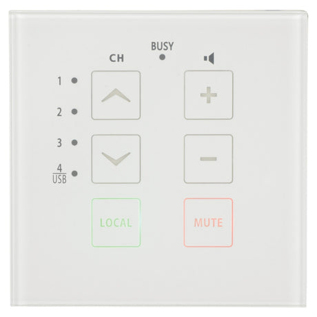 The Adastra TR86 Touch Wall Remote for the RZ45 Audio Matrix is a sleek, white wall-mounted control panel that features buttons for channel selection and volume adjustment. It includes indicators for local and mute settings, with a Busy light positioned above. Its intuitive design mimics a touch-operated surface, allowing for seamless interaction.