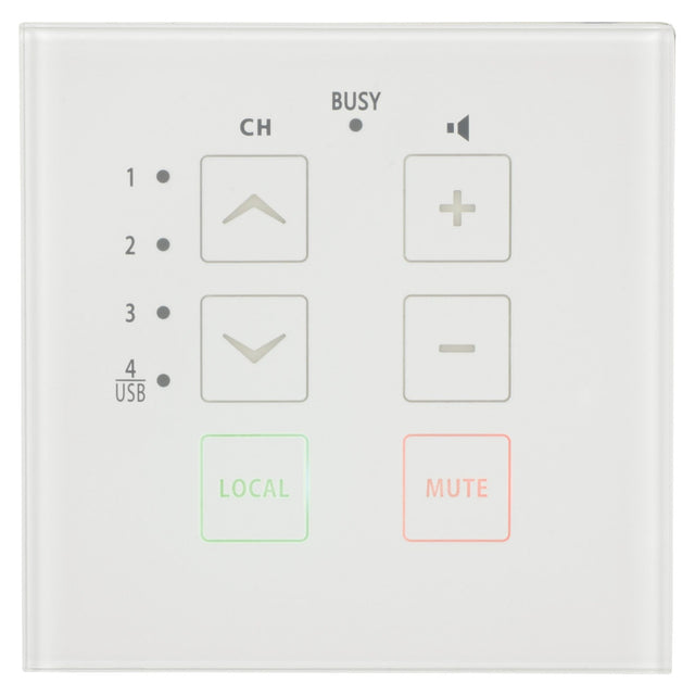 The Adastra TR86 Touch Wall Remote for the RZ45 Audio Matrix is a sleek, white wall-mounted control panel that features buttons for channel selection and volume adjustment. It includes indicators for local and mute settings, with a Busy light positioned above. Its intuitive design mimics a touch-operated surface, allowing for seamless interaction.