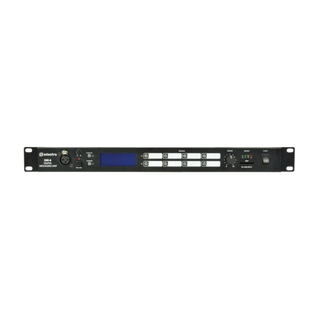 Adastra DM-8 1U rack-mount digital messaging unit with XLR mic input, LCD screen, eight message buttons, output dial and SD card slot on a white background.