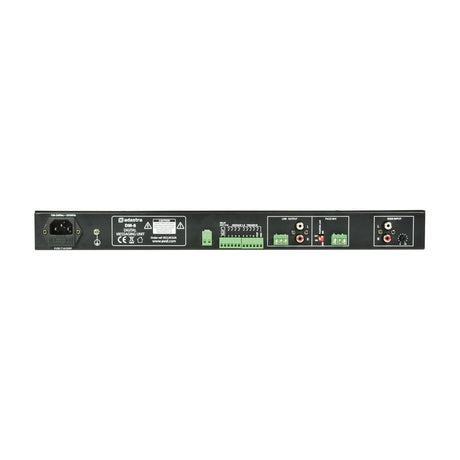 Adastra DM-8 rear panel with IEC inlet, 24Vdc terminal, relay and trigger contacts, RCA line output, XLR page mic terminals and RCA BGM input.