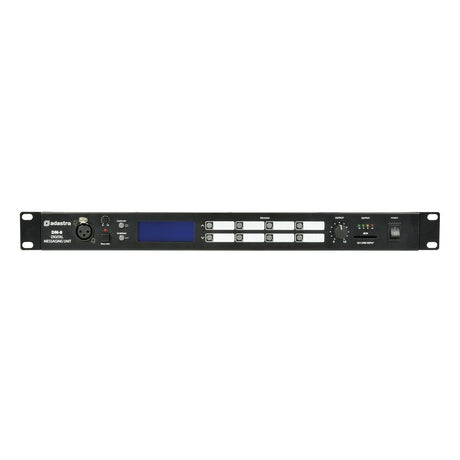 Front view of an Adastra DM-8 Digital Messaging Unit audio device with automated playback capabilities. It features a digital display, various buttons, knobs, and input/output connections on a rectangular metal panel, designed for rack mounting.