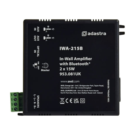 Adastra IWA215B in-wall Bluetooth stereo amplifier in matte black with aux, optical inputs, master dial, BT switch and green speaker terminal block.