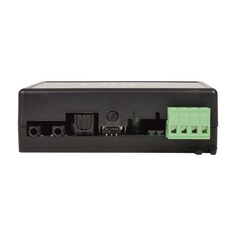 Side view of the Adastra IWA215B in-wall Bluetooth amplifier showing optical input, 3.5mm jacks, and green terminal block on a black casing.