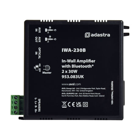 Adastra IWA-230B in-wall Bluetooth amplifier, black casing with AUX and optical inputs, Master switch, and green speaker terminal block, on a white background.
