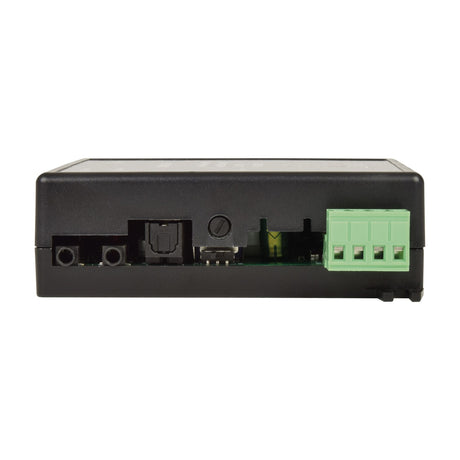 Adastra IWA230B in-wall Bluetooth amplifier rear panel showing screw terminals, optical input, buttons and control switch on black casing, white background.