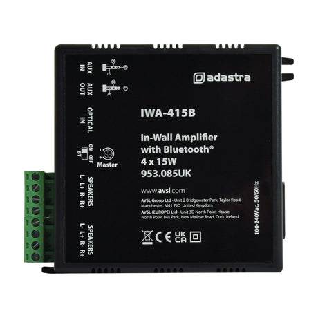 Adastra IWA415B in-wall Bluetooth amplifier in matte black with green speaker terminals, aux, optical inputs, BT switch, and master volume control.
