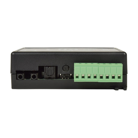 Side view of the Adastra IWA415B in-wall Bluetooth amplifier showing 3.5mm jacks, optical input, defeat switch and green speaker terminal blocks.