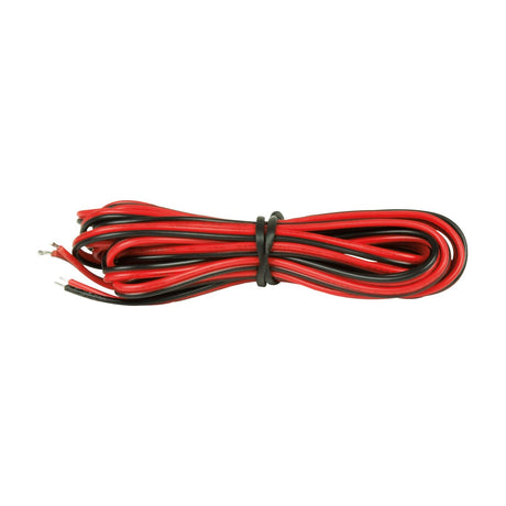 Coiled red and black speaker cable pair with stripped ends, secured with a cable tie, shown on a plain white background.