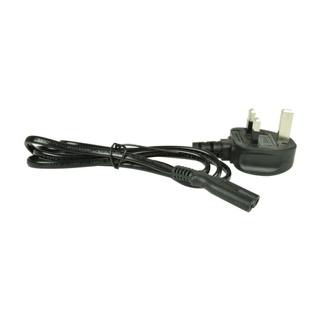 Black UK 3-pin mains power cable with coiled lead and IEC-style connector, shown on a plain white background.
