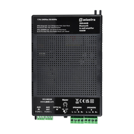 Adastra IWA460B in-wall Bluetooth amplifier, black perforated metal casing with AUX, optical, and speaker terminals, master dial, on plain white background.