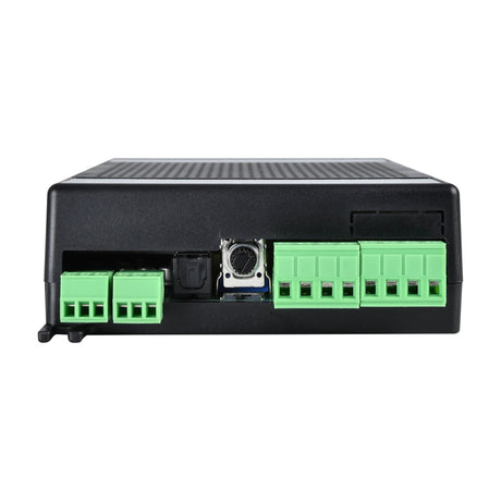 Rear view of the Adastra IWA460B in-wall Bluetooth amplifier showing green screw terminal connectors and a control dial on a black casing.