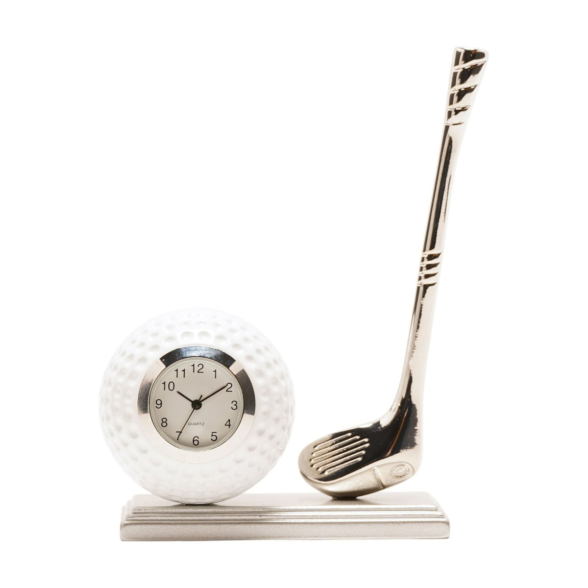 Golf Ball and Club Miniature Mantel Clock in silver and white, featuring a dimpled golf ball clock face with black numerals beside an angled silver club on a stepped base, plain white background.