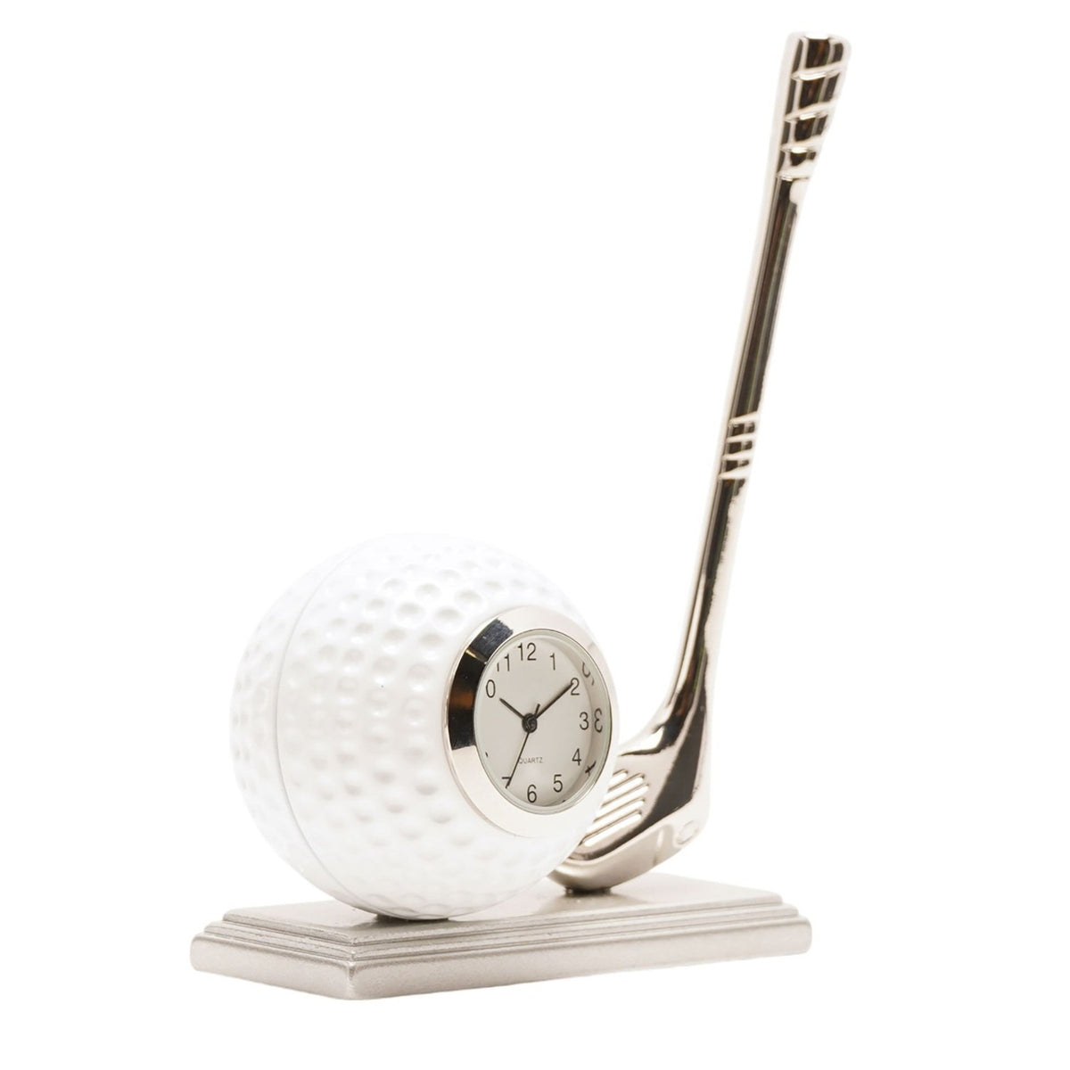 Golf Ball and Club Miniature Mantel Clock in silver and white, featuring a dimpled golf ball with a round quartz clock face and a silver club on a stepped base, shown on a plain white background.