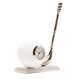 Golf Ball and Club Miniature Mantel Clock in silver and white, featuring a dimpled golf ball with a round quartz clock face and a silver club on a stepped base, shown on a plain white background.