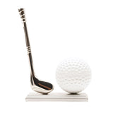 Golf Ball and Club Miniature Mantel Clock in silver and white, featuring a dimpled golf ball clock face with black numerals beside an angled silver club on a stepped base, plain white background.