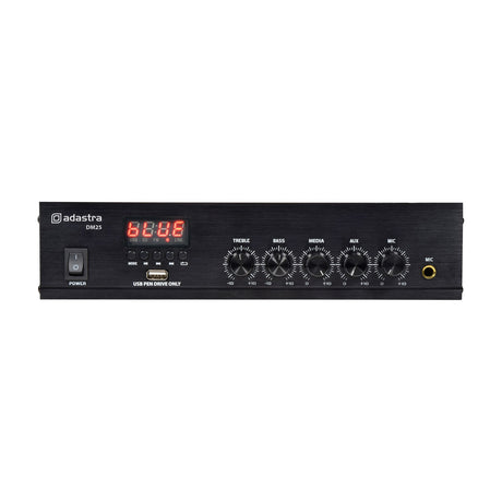 Adastra DM25 mixer-amplifier front panel with power switch, LED display, USB slot, mode buttons, five control knobs, and mic input jack, on white background.