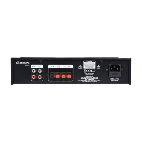 Rear panel of the Adastra DM25 100V mixer-amplifier with RCA aux sockets, COM/4-16Ω/100V speaker terminals, IEC power inlet, and fuse holder.