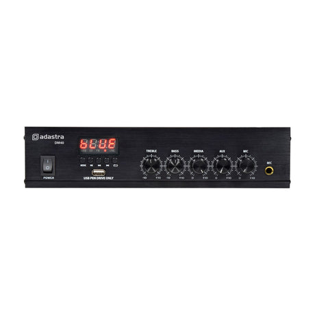 Adastra DM40 100V mixer-amp in black casing with LED display, USB port, mode buttons, five control knobs, and MIC jack, shown on a white background.