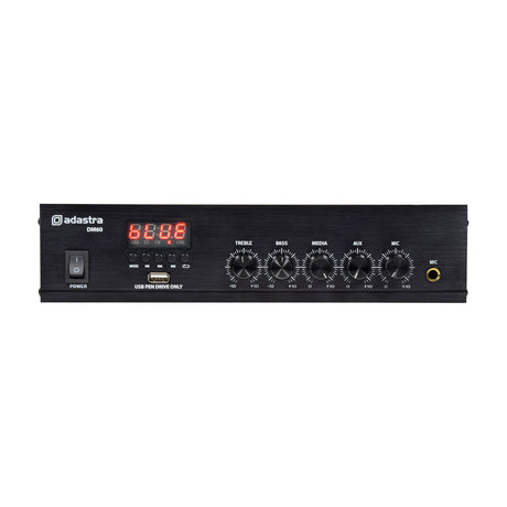Adastra DM60 mixer-amp front panel with power switch, digital display, USB slot, five control knobs, and a mic jack on black brushed casing.