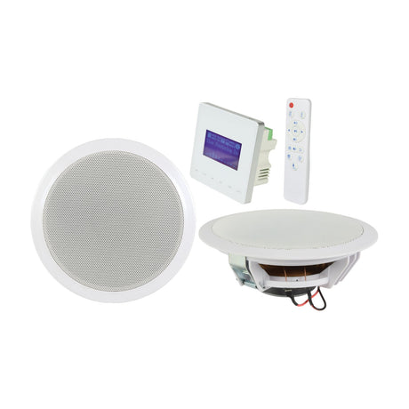 Adastra WA-215-SET kit with two white 6.5" ceiling speakers, in-wall amplifier with LCD touch panel, and IR remote on a white background.