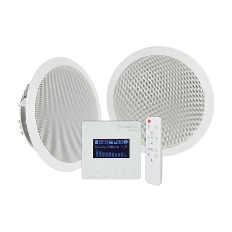 Adastra WA-215-SET kit with in-wall amplifier showing LCD display, white IR remote and two round white ceiling speakers on a plain background.