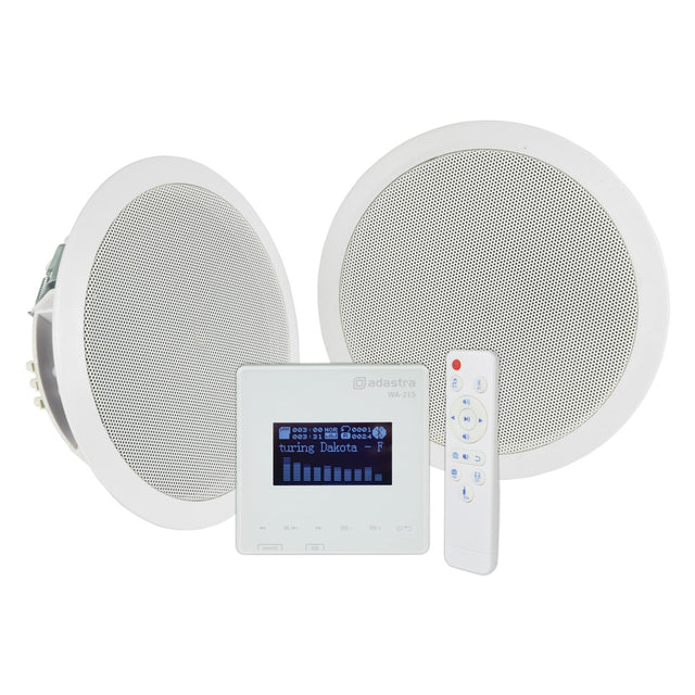 The Adastra WA-215 system includes two white circular ceiling speakers with a mesh design featuring Bluetooth connectivity. It comes with a wall-mounted control panel resembling an amplifier that displays music settings and a remote control. The control panel is equipped with a digital screen and buttons below.