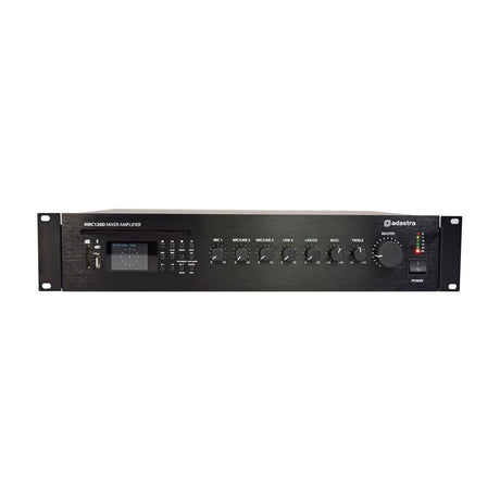 Adastra RMC120D rack-mount mixer-amplifier in black with CD slot, display, media controls, input knobs, master dial and power switch.