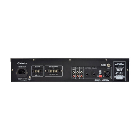 Rear panel of the Adastra RMC120D mixer-amplifier showing IEC power input, 24Vdc terminals, speaker outputs, RCA line ins, jack and XLR mic inputs.
