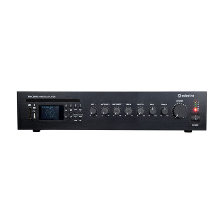 Adastra RMC240D mixer amplifier front panel with display, five input dials, bass, treble, master volume, and power switch on white background.