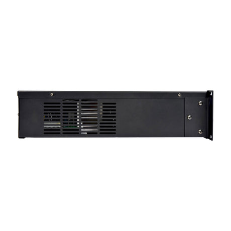 Side view of the Adastra RMC240D mixer-amplifier in black metal casing with ventilation grille and rack-mount bracket, shown on a plain white background.