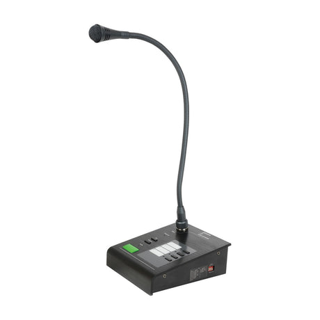 Adastra CS4 4-Zone Paging Call Station with gooseneck microphone, black base featuring buttons and green indicator light, shown on a plain white background.