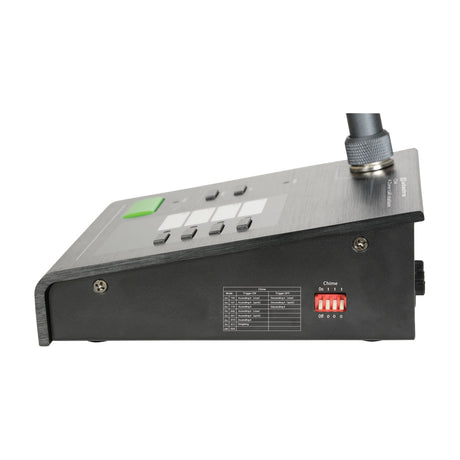 Adastra CS4 4-zone paging call station with gooseneck microphone, dark metal casing, front buttons, and red DIP switch chime settings.