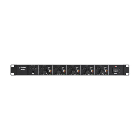 Adastra RMS605 rack-mount PA amplifier in black, front panel with five zone controls, knobs, LED indicators and power switch, shown on a plain white background.