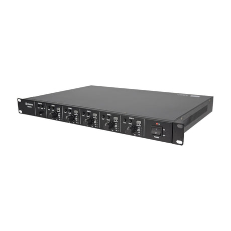 Adastra RMS605 5x60W multi-zone 100V PA amplifier, black 1U rack unit with five zone control knobs and power switch, shown on plain white background.