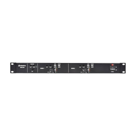 Adastra RMS1202 1U rack-mount multi-zone 100V PA amplifier with zone 1 and 2 controls, page mic inputs and power switch, on a white background.