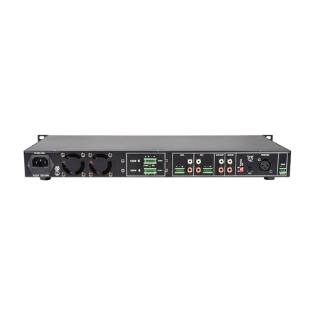 Rear panel of Adastra RMS1202 100V PA amplifier showing IEC inlet, cooling fans, Euroblock speaker outputs, RCA inputs, XLR page mic and 24V terminals.