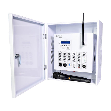 Adastra SA240 100V wall PA amplifier in a white lockable metal cabinet with open door, showing mixer controls, UHF antenna and handheld microphone.