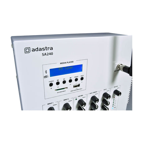 Adastra SA240 white wall PA amplifier panel with LCD display, source and repeat buttons, SD/USB slots, and volume knobs for inputs, UHF mic, and aux.