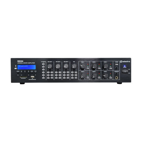 Adastra RM406 6-zone mixer amplifier, black rack unit with LCD display, input and zone knobs, chime and monitor controls, on a white background.