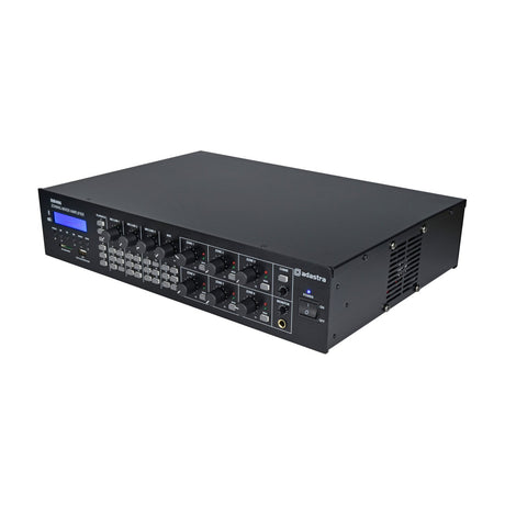 Adastra RM406 6-zone mixer amplifier in black rack-mount casing with multiple control knobs, LCD display, and zone buttons, shown on a plain white background.