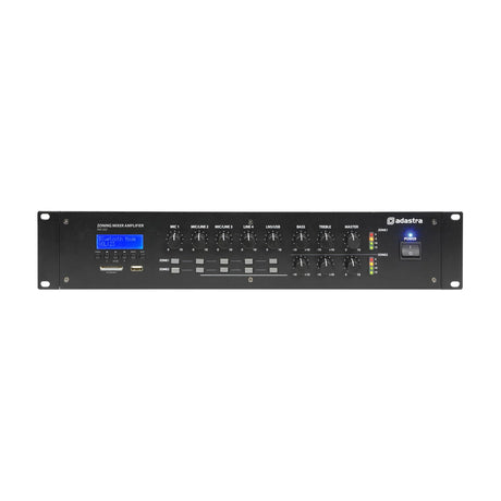 Adastra RM1202 rack-mount 2-zone mixer-amplifier with input, bass/treble, and zone controls, LCD display, and power switch on black panel.