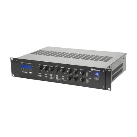 Adastra RM1202 2-zone rack-mount mixer-amplifier in black casing with LCD display, input knobs, dual VU meters and power switch.