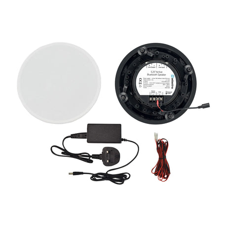 Adastra BCS52S Bluetooth 5.25in ceiling speaker set with white round grille, black active speaker rear, 12V power adaptor and red-black link cable.
