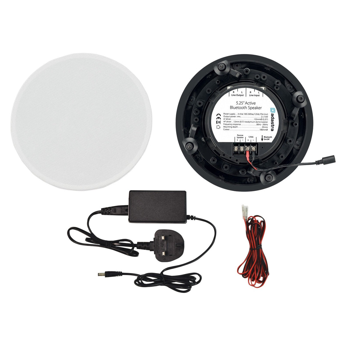 Discover the elegant design of our Adastra Bluetooth 5.25" 15W Ceiling Speakers (Pair), complete with a white grille and detailed wiring and label on the backside. Offering full-range audio performance, this set comes with a black power adapter featuring a UK plug, along with additional red and black wires for seamless Bluetooth connectivity.