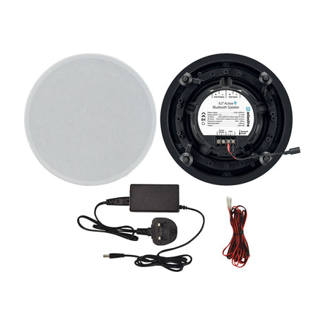 Adastra BCS65S 6.5in Bluetooth ceiling speaker set with white grille, black active speaker back panel, power adapter, and wiring cable on a white background.
